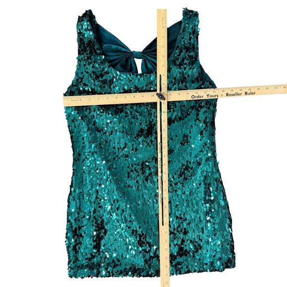 Vintage 70s 80s Emerald Green Sequin Open Back Bow Mini Dress size M de la Hooke - Picture 4 of 9